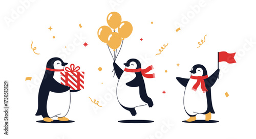 Cute penguins celebrating with gifts balloons and confetti.