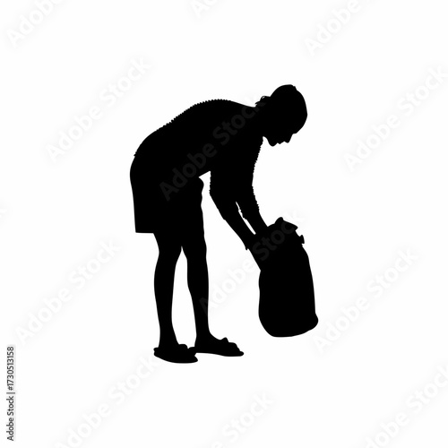 Silhouette of rice mill worker washing rice sacks isolated on white background