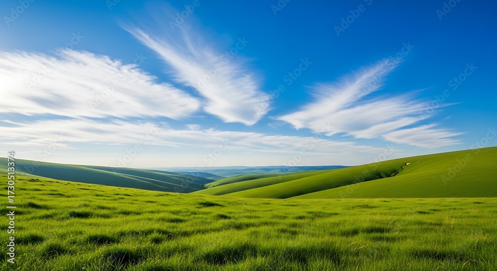 Obraz premium Vast green rolling hills under a bright blue sky