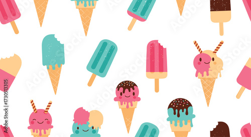 A delightful collection of colorful ice cream and popsicles on a white background.