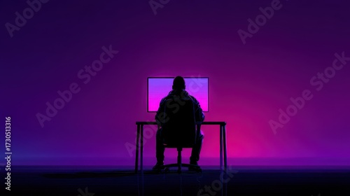 Silhouette of programmer at computer with purple neon light