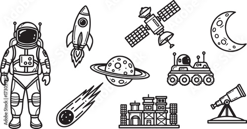 Black and White Space Exploration Doodle Set with Astronaut, Planets, and Celestial Objects
