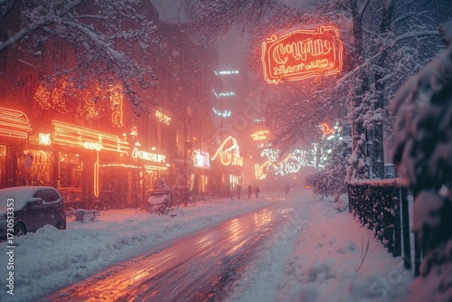 People ice-skating on a frozen city pond under the snowflakes at night.