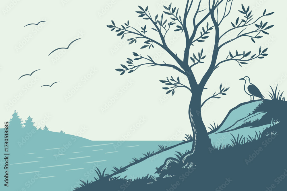 Fototapeta premium Duotone Rural Landscape Vector Art - Layered Hills, Trees, and Distant Figure Silhouette