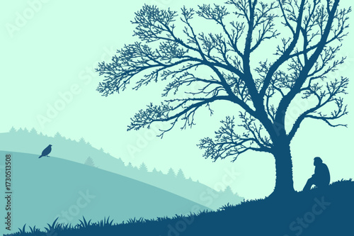 Blue Tonal Landscape with Flying Eagle Silhouette - Forest Tree on Hillside Vector Art

