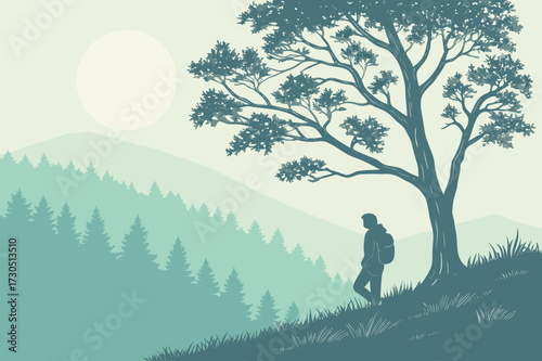 Bald Eagle on Sparse Tree Branch Vector Illustration - Purple Monochrome Nature Graphic