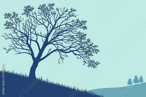 People Walking Past Bare Tree Silhouette Vector - Duotone Teal Hiking Scenery