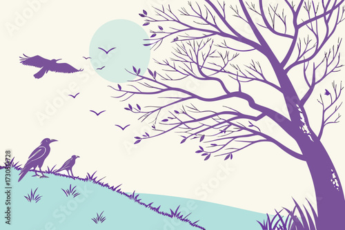 Bare Winter Tree and Solitary Person Silhouette Vector Illustration