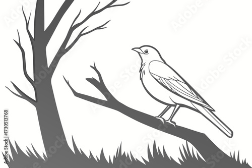Photos Hiker Walking by Windblown Tree Vector Illustration - Monochrome Outdoor Scene