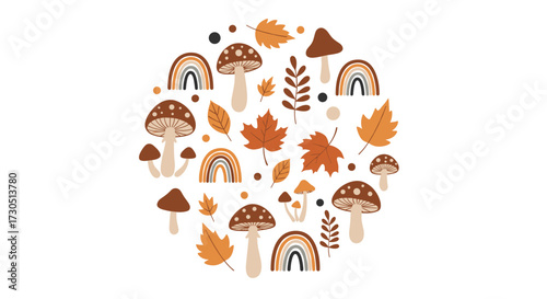 A whimsical circle of autumnal elements including mushrooms leaves and rainbows.