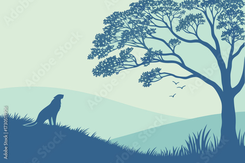 Half-Foliage Tree Silhouette Vector - Duotone Teal Seasonal Change Landscape