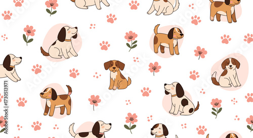 Adorable puppies playing with flowers and paw prints.