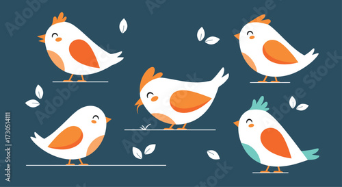 Five cute cartoon birds are sitting on branches surrounded by leaves.