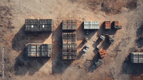 An aerial view of organized shipping containers on a barren landscape, showcasing their geometric arrangement and long shadows under natural lighting.