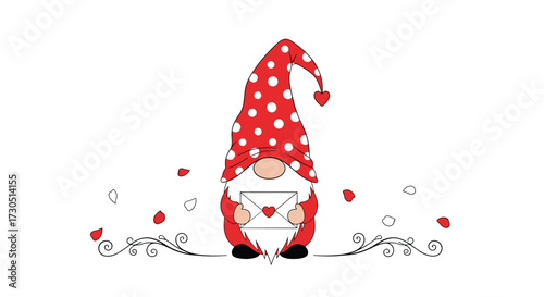 A romantic gnome with a love letter and falling rose petals.