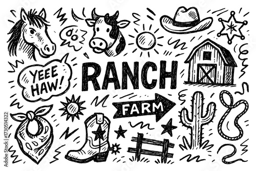 ranch doodle composition with cowboy, horse, barn, tractor, and farm animal icons, Transparent Background