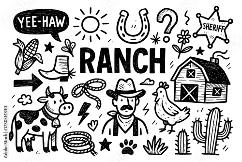 ranch doodle composition with cowboy, horse, barn, tractor, and farm animal icons, Transparent Background
