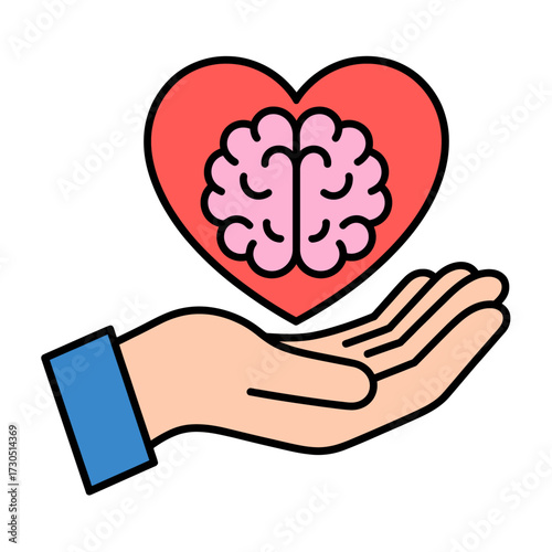 Mental health awareness concept showing a brain within a heart resting on a caring hand symbolizing emotional support and psychological wellbeing promotion