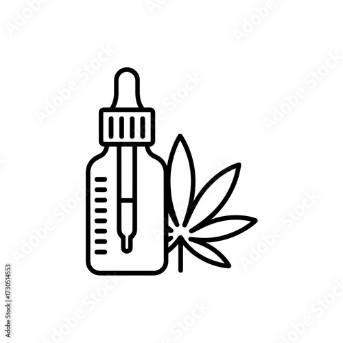 Cannabis oil bottle icon with dropper and marijuana leaf for medicinal use and health benefits in outline style design vector illustration