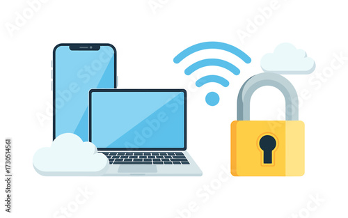 Secure cloud computing and data protection with laptop mobile phone and padlock for online privacy and security illustration