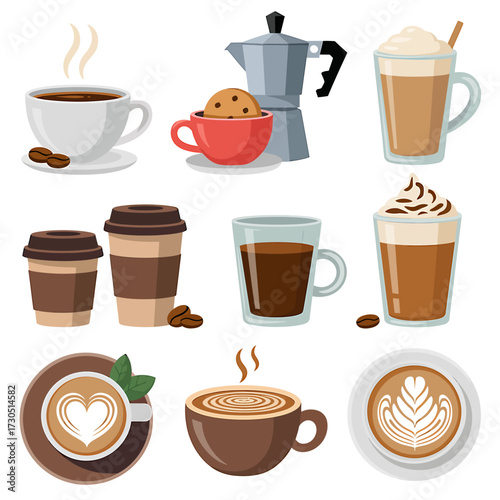 Various coffee drinks espresso cappuccino latte and moka pot with coffee beans and cookie illustration