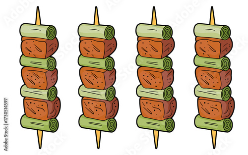 Delicious Grilled Kebabs Skewers with Meat and Vegetables Ready for Cooking Barbecue Illustration