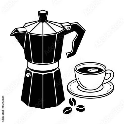 Classic Moka Pot with Cup of Coffee and Beans Black and White Illustration Simple and Elegant Still Life