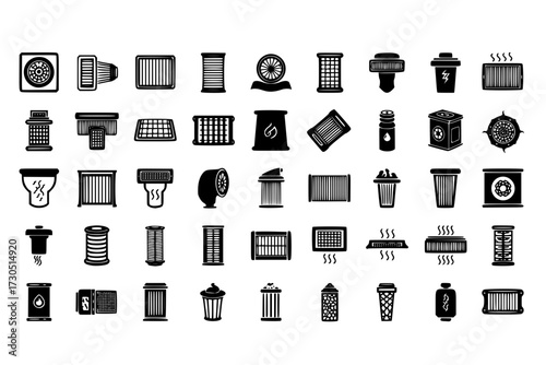 Air Filter Icons Set: Collection of Different Air Filter Designs, Filtration Needs, HVAC, Purification, Ventilation, Clean Air, System.







