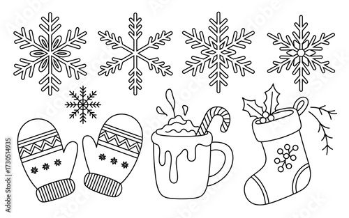 Winter Holiday Doodle Set with Snowflakes Mittens Hot Cocoa and Christmas Stocking for Coloring Pages and Festive Designs