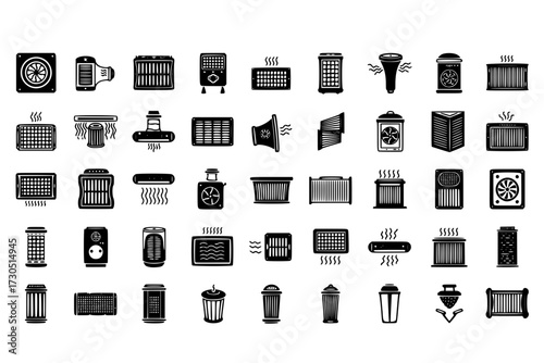 Air Filter Icons Set: Collection of Different Air Filter Designs, Filtration Needs, HVAC, Purification, Ventilation, Clean Air, System.







