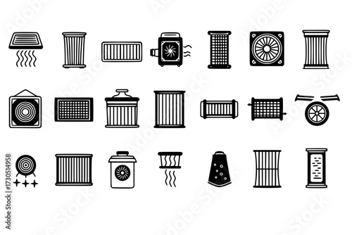Air Filter Icons Set: Collection of Different Air Filter Designs, Filtration Needs, HVAC, Purification, Ventilation, Clean Air, System.







