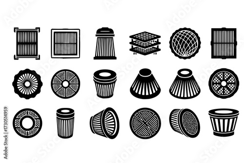Air Filter Icons Set: Collection of Different Air Filter Designs, Filtration Needs, HVAC, Purification, Ventilation, Clean Air, System.







