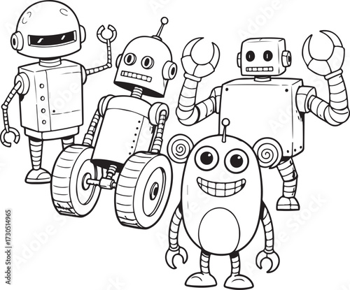 Black and White Line Art Drawing of Various Cartoon Robots