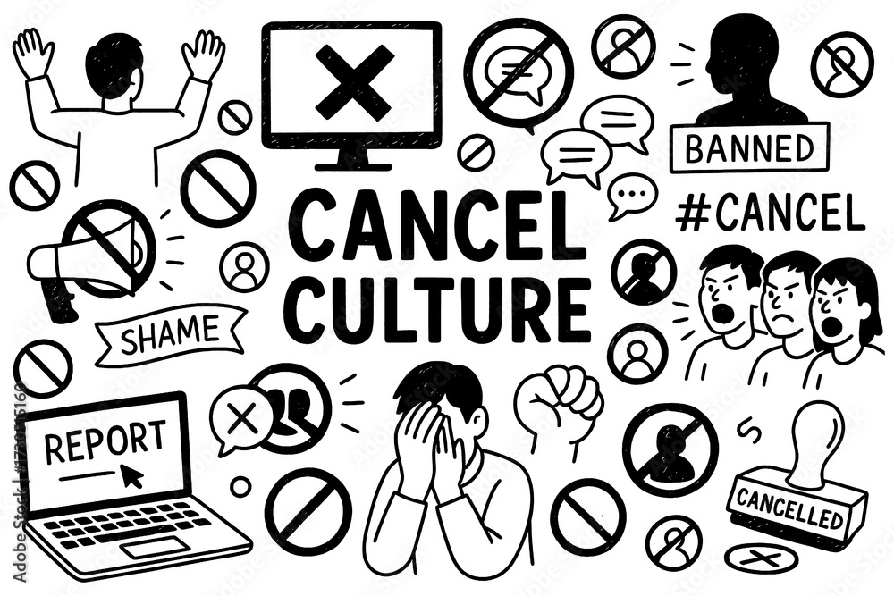 Ταπετσαρία doodle composition with cancel culture icons and social boycott elements, Transp