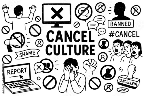 Tableau sur toile doodle composition with cancel culture icons and social boycott elements, Transp