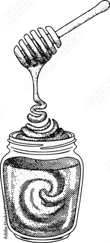 Honey Dripping Jar Sweetness Vector Illustration. Dipper Spiral Pop Art Flat Design