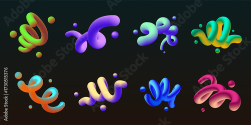 3d gradient lines. Abstract liquid shape. Color fluid swirl element or twisted motion splash for graphic poster. Trendy flow. Rainbow twirl ribbon wave. Vector render effect spirals set