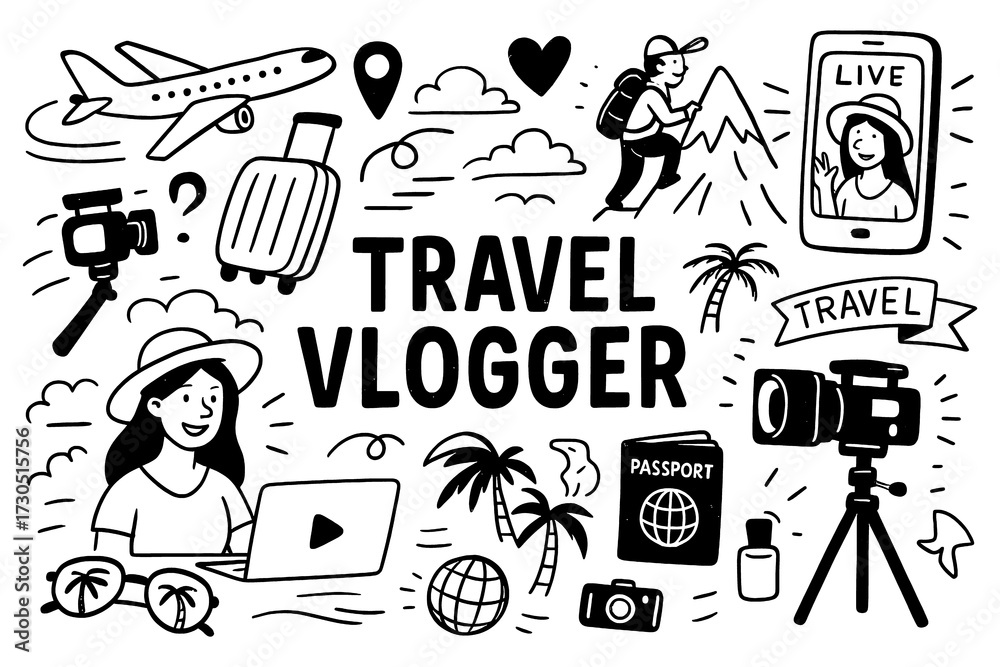 Obraz premium doodle composition with travel vlogger icons and adventure journey elements, Transparent Background