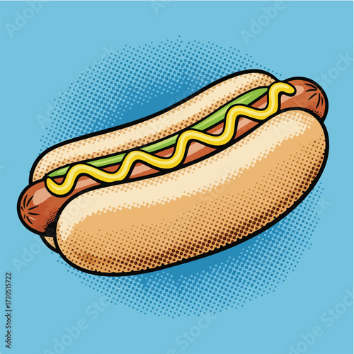 Hot Dog Fast Food Pop Art Vector Illustration. Stylized Mustard Relish Flat Design