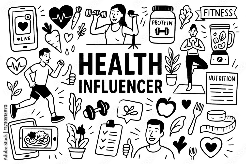 Obraz premium doodle composition with health influencer lifestyle icons and fitness elements, Transparent Background