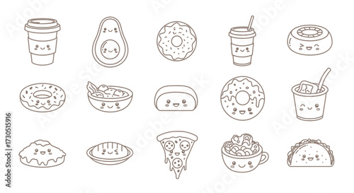 Adorable Cartoon Food Icons Donuts Avocado Pizza and Drinks.