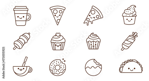 Adorable Kawaii Food Icons with Cute Smiling Faces.