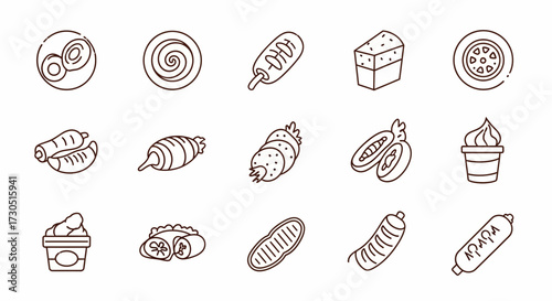 Set of food snack and object icons in a minimalist brown line art doodle style.