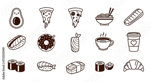 Set of cute food and drink icons in a simple black line art style Kawaii pizza sushi coffee and donut illustrations.