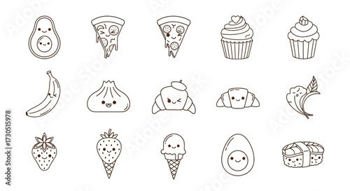Adorable HandDrawn Food Icons Pizza Cupcake Banana Dumpling Croissant and More.
