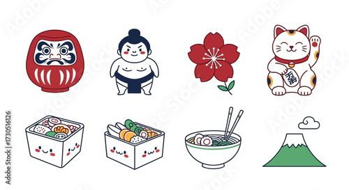 Charming flat vector icons of Japanese culture Daruma Sumo Sakura Manekineko Bento Ramen Fuji.