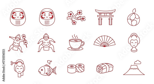 Minimalist red line art icon set of Japanese culture symbols like sushi sumo and sakura.