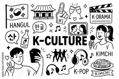 doodle composition with korean culture icons including k pop fashion and drama elements, Transparent Background
