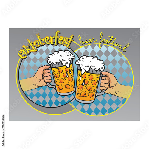 Hands clinking two frothy beer mugs, celebrating oktoberfest on a bavarian pattern