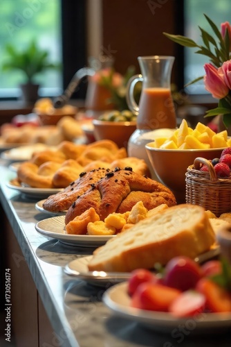 A lavish buffet breakfast spread with assorted pastries, fresh fruit, yogurt parfaits, cereal, and hot beverages  Enjoy a delicious and diverse start to your day , bacon, dessert, dairy